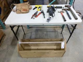 (1) Wood Tool Box,  37 In. x 12 In. X 18 In., C/w Qty of Tools, Hammers, Angle Grinder, Staplers, Staples and Tool Belt (M-3-2)