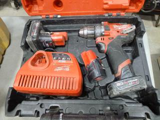 Milwaukee Fuel 1/2 In. Hammer Drill / Driver, Model M12, 12V, C/w (3) Batteries and (1) Charger (N-3-3)