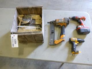 DeWalt DCD780 Cordless Drill, *Note: No Battery*,  Black & Decker 18V Cordless Drill With Bullseye Auto-Leveling Laser And Battery, *Note: No Charger*,  Pneumatic Nail Gun, Qty of Nails (M-2-2)