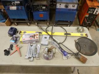 Assorted Items: 7-Way Wiring Kit, Tiger Torch, 3 Ft. Fatmax Level, Drill Bit Index, Floor Joists, Bolts & Pins, Safety Glasses (N-3-3)