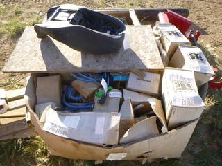 Crate Containing Various Automotive Parts and accessories Including Bearings, Harley Davidson Seat and More