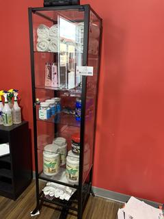 6-Tier Glass Shelving Unit C/w Protein, Muscle Support, Creatine, Vitamins, Tanning Lotion, Goggles, Ear Buds And Towels