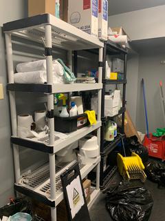 Contents Of Room Includes: (2) Shelving Units, Vanity, Janitorial Supplies, Vacuum, Vanity Light, (2) Shop Vacs, Tool Box, Sockets, Folding Table And Misc Supplies *Note: Buyer Responsible For Load Out*