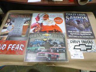 (7) Tin Signs, Includes Coke, Man Cave, Saloon, No Fear, Chevy and Hello Ladies (Upstairs)