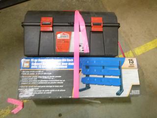 Power Fist 15-Piece Storage Bin Rack, and Empty Generic Tool Box (E1)