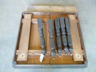 42 In Square Oak Table w/ (8) 10 In. Leaves, 5 Turned Legs and Molded Apron, Extends to 122 In. (N-4-1)