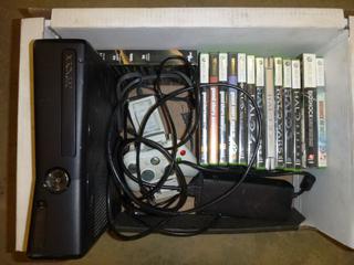 Microsoft XBOX 360 Slim Console, C/w (1) Controller w/ Charging Base, Unused HDMI Cord, Power Supply Cable, Ethernet Cable, Original YRW Cable, C/w 14 games including Halo Collection, Bioshack Collection and GTA Collection (A1)