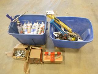    Bins Containing Qty of Silicone Caulking, Paint Rollers, Nail Gun, Level Trowel and More (Row 3)