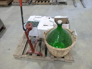 Wine Making Supplies, Includes (1) Large Carboy in Basket, (5) Bottles In Tubs / Pails, (6) Boxes of Bottles, (1) Bag of Corks and Cork Press (EAST WALL)