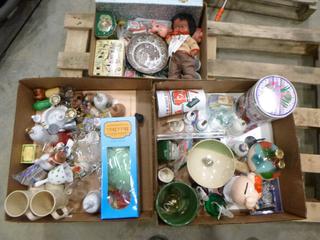Qty of Assorted Antique Bells and China, c/w Jewelry Box, Tin Containers, Piggy Bank, Match Books, Dolls, etc. (D2)