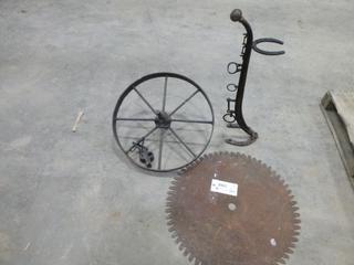 Antique 24 In. Saw Blade, 20 In. Pulley w/ Pillow Blocks, Stand Up Umbrella Holder (K-3-2)