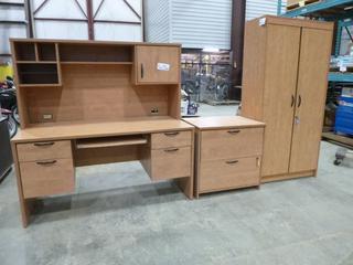 3-Piece Office Furniture Set: (1) 4-Drawer Desk, 30 In. x 60 In. x 29 1/2 In. with Upper Hutch 15 1/4 In. x 60 In. x 31 In., (1) 2-Drawer Cabinet, 22 In. x 30 In. x 29 1/2 In., (1) 5-Shelved, 2-Door Cabinet, 16 1/4 In. x 35 1/2 In. x 60 1/4 In. (EAST WALL)