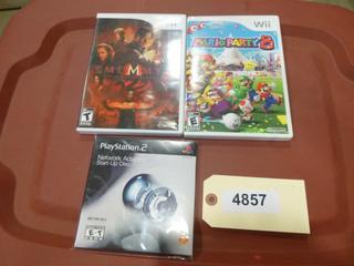 (2)Wii Games Includes The Mummy Tomb of the Dagon Emperor, Mario Party 8, (1)Play Station 2 Network Adaptor Start Up Disk (A-2)