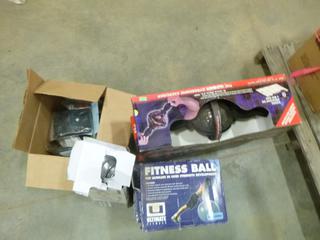 Exercise Equipment: (3) Dynamax Gyroscopic Exerciser, (3) Fitness Ball, Dual Action Massager, Qty of Exercise Gloves