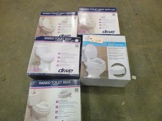 Drive (2) 4 In. Raised Toilet Seat, (1) 4 In. Raised Toilet Seat with Lid, (1) 6 In. Raised Toilet Seat with Lid, and (1) Patterson Medical Savanah Raised Toilet Seat - High Version with Lid (J-2-2)