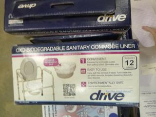 Drive Medical Supply Items: (2) Bath Mats, 4 In. Raised Toilet Seat, (4) Boxes of 12 Oxo-Biodegradable Sanitary Commode Liners, (2) Pain away Pro Electronic Pain Relief Wireless Models, Shower Stool with Rotating Seat (G2)