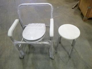 (1) Aluminum Wheel Commode, (1) Stool w/ Adjustable Legs (J-1-3)