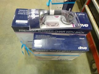 (1) Shower Chair w/ Back, (1) Raised Toilet Seat w/ 4 In. Height Lid, (1) Suction Cup Grab Bar (E2)