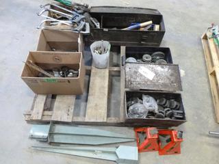 Qty of Assorted Tools, Includes Hacksaws, Hammers Pipe Wrenches, Wrenches, (2) Jack Stands, (2) Fence Post Bases, Ammo Box and More (L-4-1)