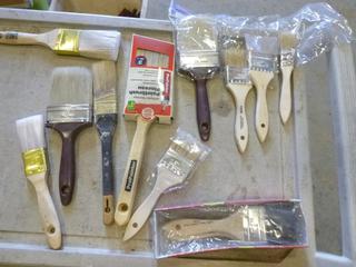 Box of Assorted Painting Supplies Includes Brushes, Roller Handles, Paint Mixer (O-2-3)