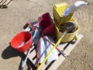 Assorted Cleaning Supplies: Mop Pail, Dust Pan, Shovel, Scrub Brushes (Row 5)