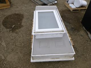 Exterior Door, 81 1/2 In. x 31 1/2 In, 2 x 6 Frame w/ Frosted Exterior Window, 38 In. x 26 In. x 8 1/2 In.