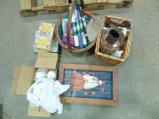 (2) Baskets w/ Juicer Accessories, Frosty Picture, (4) Tubes Cross Stich Fabric, Nascar Tin, (4) Tea Cups and (3) Saucers  (N-3-2)