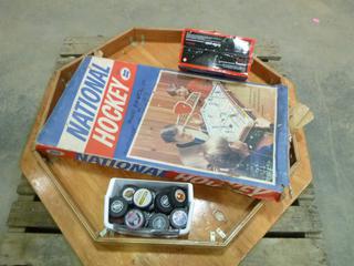 Qty of Hockey Pucks, Betty Crocker Toaster, Barbell w/ (2) 10 Pound Weights, Table Top With No Legs, National Hockey (N-3-2)