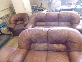 Leather Couch, Chair, Love Seat and Ottoman, C/w 2 Ft x 3 Ft. Coffee Table *Note: Corner Pc Needs To Be Reattached* (East Wall)