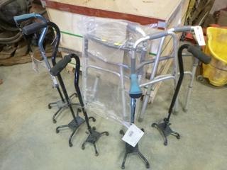 (2) Aluminum Folding Walkers, (5) Quad Canes