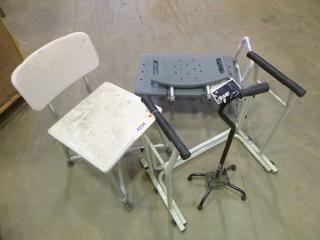 (1) Transfer Bench, (1) Chair, (1) Quad Cane, (1) Assistant Lift Safety Frame (J-1-3)