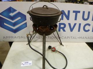 Propane Cooking Stand w/ Cast Iron Pot and Lid (FRONT B)