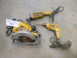 (1) Dewalt 7 1/4 In. Circular Saw, Model DW368, (1) Dewalt 3/8 In. Rotary Drill, Model DWE1014, (1) Dewalt 5/8 In. Angle Grinder, Model DW831 (N-5-1)