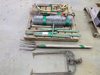 Assortment of Farm Tools, Square Bale Lifter, (3) Short  Pitch Forks, (4) Long Pitch Forks, (3) Handheld Bucksaws, Fence Puller, Chicken Coop Wire, Sledge Hammer, (2) Draw Bars for Tandem Horse Teams (L-4-2)