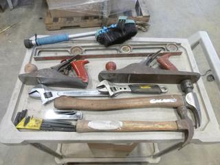 Qty of Hand Tools Including Hammers, Level, Wrenches, Clamps, Screw Drivers, Tape Measure, Chisels, Small Propane Tank w/ Torch 