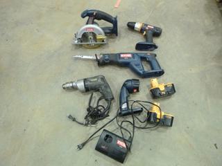 (1) Ryobi Flashlight P700, (1) Ryobi 5 1/2 In. Circular Saw Model P501, (1) Ryobi 1/2 In. Drill, Model P201, (1) Ryobi Reciprocating Saw, Model P510, (1) Black and Decker 1/2 In. Drill w/ (2) Batteries, (1) Charger and Stanley Fat Max Tool Box (S-4-3)