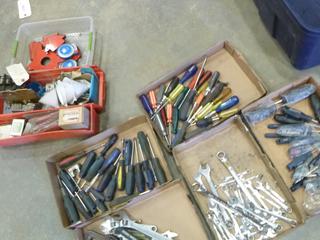 Qty of Assorted Tools: Screwdrivers, Wrenches, Angle Finder, Magnetic Level, Funnels, Bionic Wrench, Etc. (J-5-1)