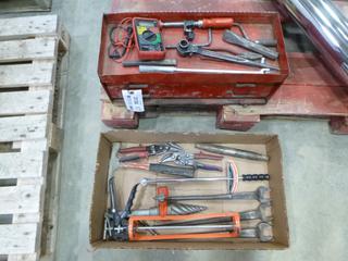 Tool Box with Assorted Tools, Spud Wrenches, Ridgid  Pipe Reamer, Torque Wrench, Multi-Meter, Tin Snips, Chisels, Caulking Gun, Sockets, Screw Driver Sets, Line Chalk, Garden Tools, Angle Finders, etc. *Note: Tool Box Does Not Have Lid* (M-4-1)