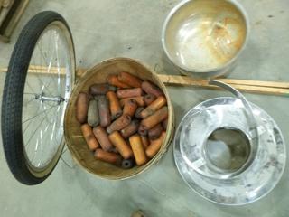 Bike Tire W/ Stove Vent and Bin of Fish Bobbers, Antique Surveying Stick (Row 3)