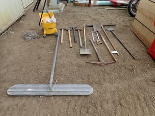 Qty of Shovels w/ Sledge Hammers, Brooms, Mop and Bucket (NORTH FENCE)