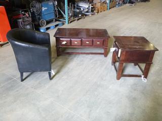 (1) Coffee Table, 48 In. x 24 In. x 20 In, (1) Side Table, 24 In. x 24 In. x 25 In., C/w Leather Like Tub Chair * Note: Loose Leg on Chair*