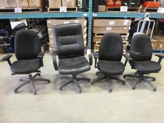 (3) Cloth Chairs, (1) Leather Chair