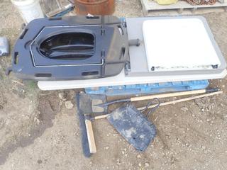 (2)  6 Ft. Folding Tables, (1) 4 Ft. Folding Table, Oil Pan, Broom and Shovel (Row 3)
