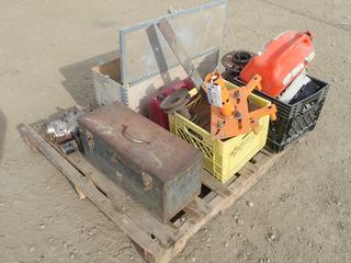 Qty Of Table Saw Blades, Tool Box w/ Contents, Jerry Can, Vents, Electrical Parts, Motor And Blower