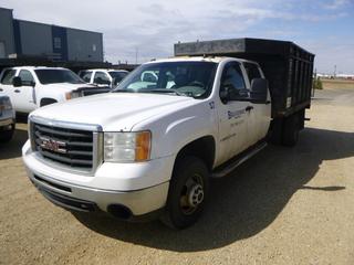 2007 GMC 3500 HD Crew Cab Dually Pick Up C/w 6.0L, A/T And 10ft X 8ft Box. Showing 272,971kms. VIN 1GDJC33K27F542097. UNIT 17. *Note: Rust, Needs New Drivers Side Door Pin, Minor Dents And Chips And Check Engine Light On*