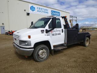 2004 GMC C4500 Tow Truck c/w Duramax Diesel, A/T, A/C, Showing 284,808 Kms, Beacons, Storage Cabinet, GVWR 17,500 Lb, 178 In. W/B, 225/70R19.5 Tires at 70%, Dually Rears at 60%, Front Axle Rating 7,000 Lb, Rear Axle Rating 13,500 Lb, VIN 1GDE4C1164F509916 *Note: Engine Light On, Fuel Pump Issues, Driver Side Door Does Not Open From Inside, Rust and Damage*