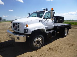 2000 GMC 6500 Top Kick Flat Deck c/w CAT3126 7.2L Diesel, A/T, A/C, Showing 111,544 Miles, 6,349 Hours, Beacons, Headache Rack, GVWR 25,950 Lb, 160 In. W/B, 255/70R22.5 Tires at 60%, 10R22.5 Dually Rears at 80%, Front Axle Rating 8,100 Lb, Rear Axle Rating 19,000 Lb, 11 Ft. 8 In. Deck, CVIP 01/2022, VIN 1GDJ7H1C0YJ511197