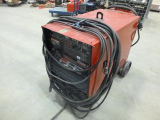 Lincoln Ideal Arc Power Pulse 500 DC Arc Welding Power Source c/w 3 Phase, 40 Ft. Stinger, 25 Ft. of Ground, Extra Welding Cable With Ends Welding Jacket, Helmet, Gloves, Chipping Hammers, Welding Lenses, Power Source Mounted On Wheeled Cart, SN 41931113868 *Note: Does Not Include Remote* (P-1-3)