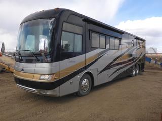 2008 Monaco Coach Contessa 45 Ft. Motor Home c/w CAT C9 Diesel, A/T, Showing 29,097 Miles, GVWR 44,600 LB, 295/80R22.5 Tires at 70%, Front Axle Rating 14,600 LB, Rear Axle Rating 30,000 LB c/w Onan 10KW Diesel Generator, 4 Slides, A/C, In-floor Heating, Washer and Dryer, 3 TV's, Solar Panels, Satellite, Back Up and Side Cameras, Auto Awnings, Alum Bads, Tag Axle, King Size Bed, Shower Stall, Separate Toilet, Underbody Storage, Keyless Entry, VIN 1RF49561983048717