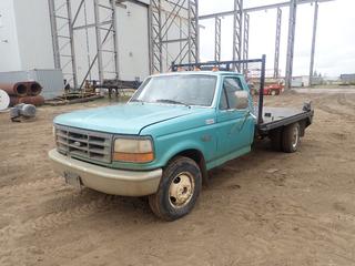 1997 Ford F-350 XL Pick Up C/w Ford 5.8L EFI, V8, Manual, Record No. 6 Vise And 10ft X 7ft Flat Deck. Showing 300,053Kms. VIN 1FDKF37H1VEB95536 *Note: Damage To Seat, Running Condition Unknown*